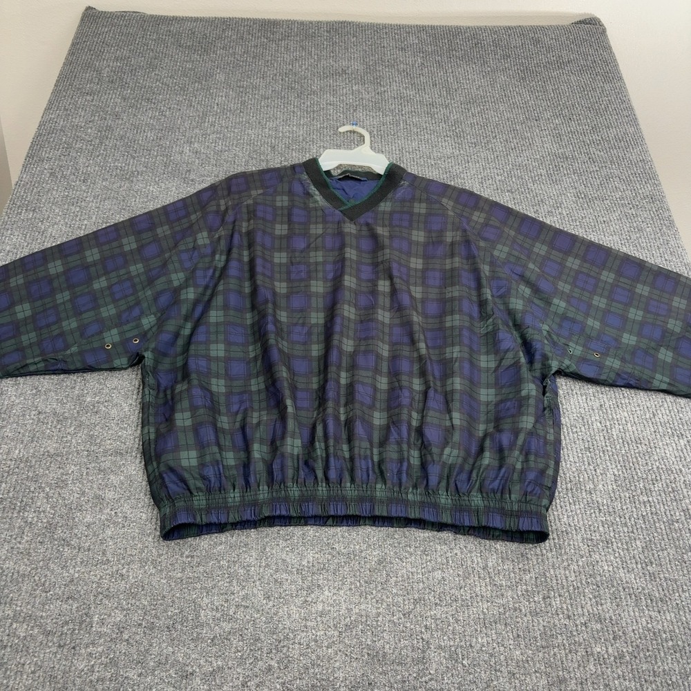 Woodlake Windbreaker Mens XL Green Blue Polyester‎ Plaid V Neck Golf Pullover